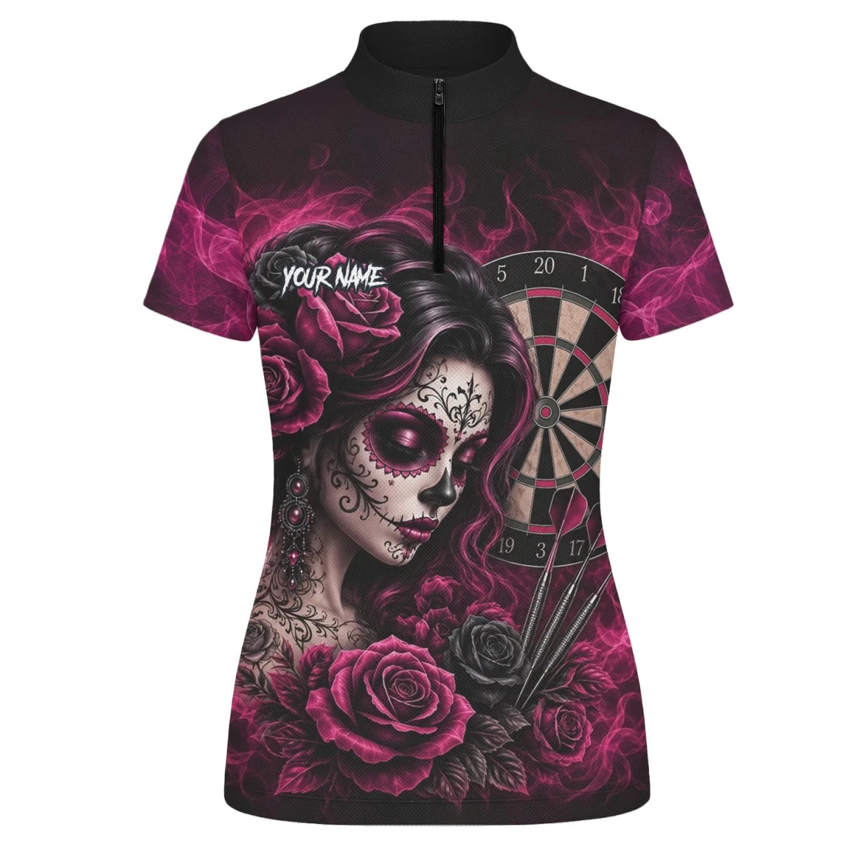 Personalisiertes Schwarz-pink Sugar-Skull-Rosen-Dartshirt für Damen Z109 - Outfitsuche