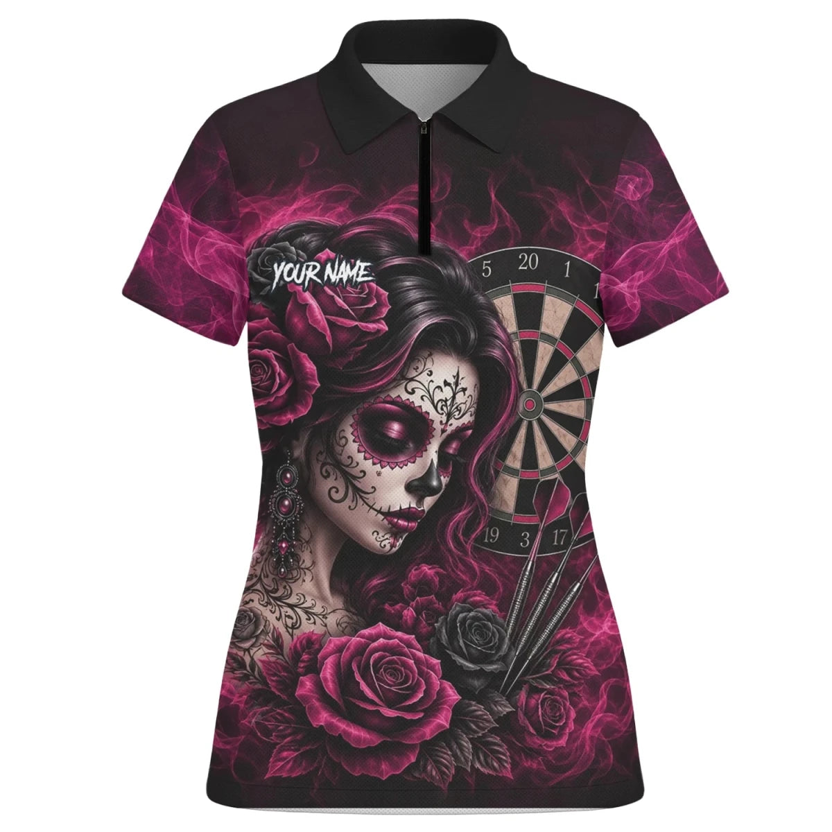 Personalisiertes Schwarz-pink Sugar-Skull-Rosen-Dartshirt für Damen Z109 - Outfitsuche