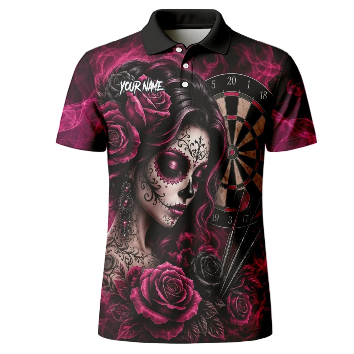 Personalisiertes Schwarz-pink Sugar-Skull-Rosen-Dartshirt für Herren Z109 - Outfitsuche