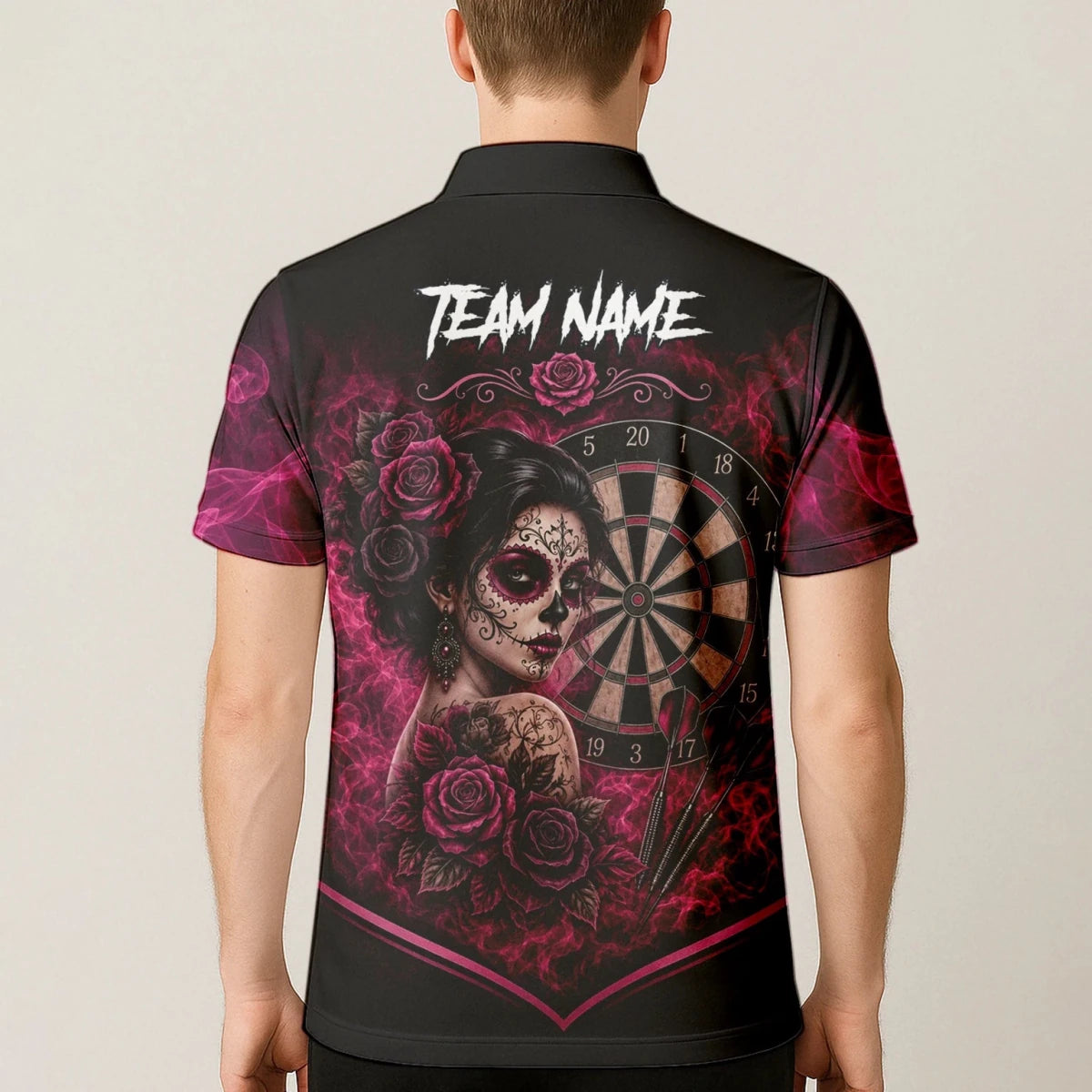 Personalisiertes Schwarz-pink Sugar-Skull-Rosen-Dartshirt für Herren Z109 - Outfitsuche