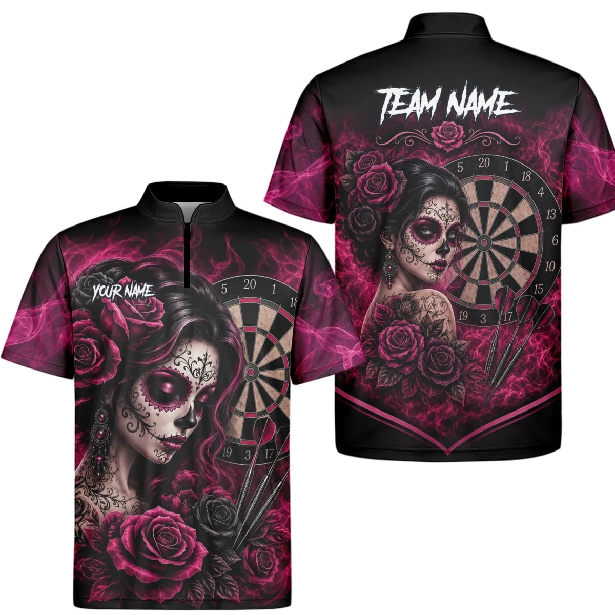 Personalisiertes Schwarz-pink Sugar-Skull-Rosen-Dartshirt für Herren Z109 - Outfitsuche