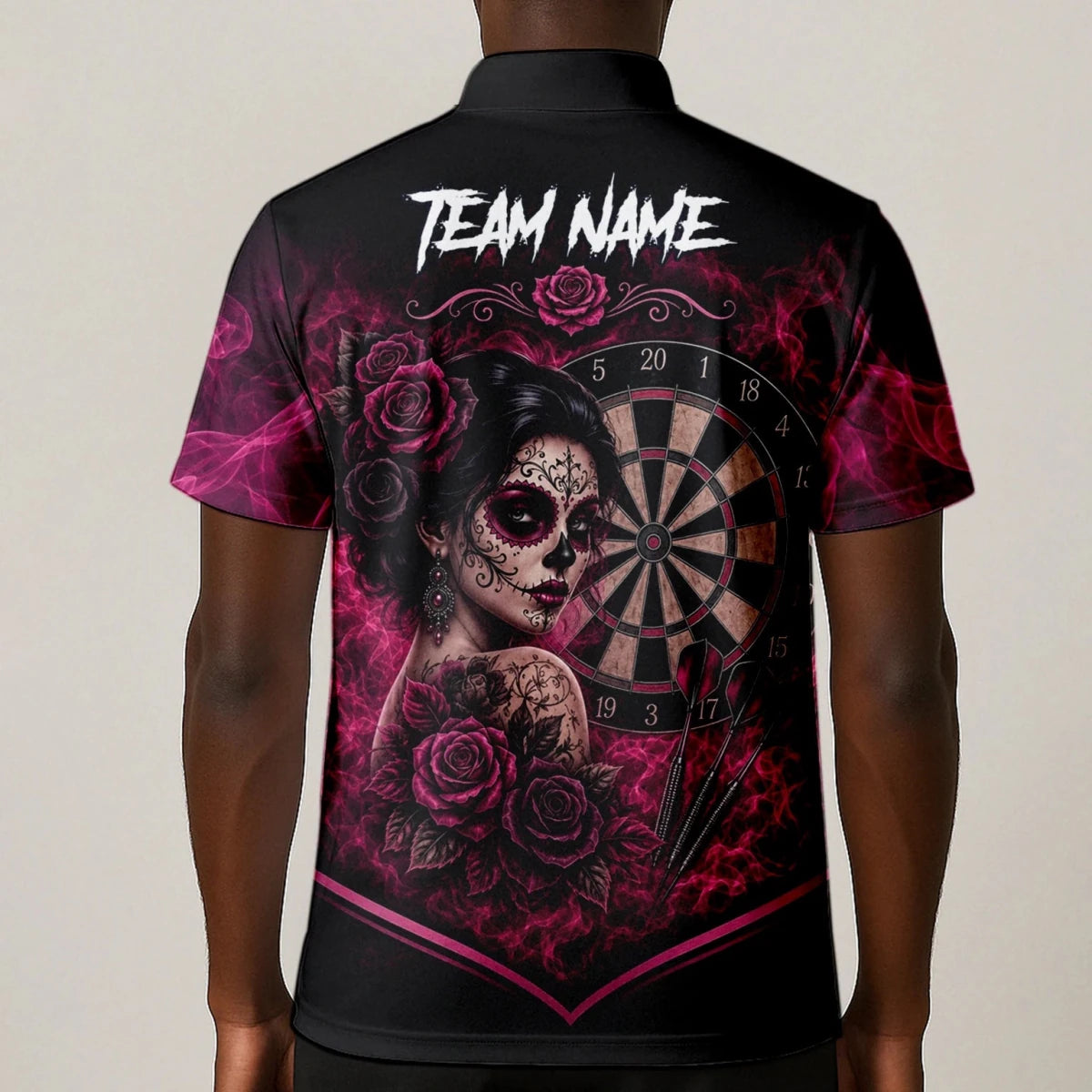 Personalisiertes Schwarz-pink Sugar-Skull-Rosen-Dartshirt für Herren Z109 - Outfitsuche