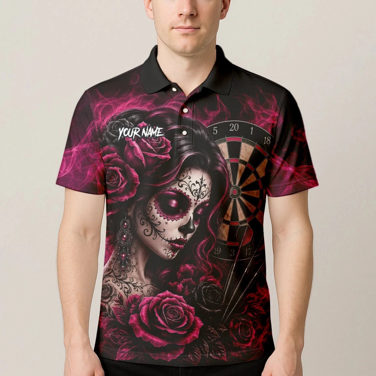 Personalisiertes Schwarz-pink Sugar-Skull-Rosen-Dartshirt für Herren Z109 - Outfitsuche