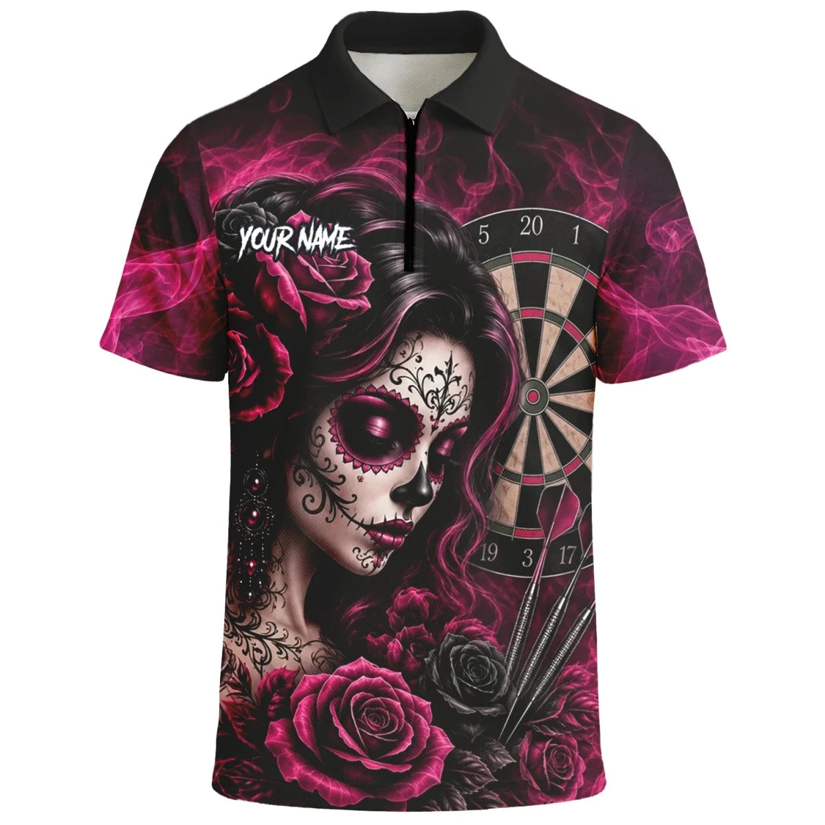 Personalisiertes Schwarz-pink Sugar-Skull-Rosen-Dartshirt für Herren Z109 - Outfitsuche