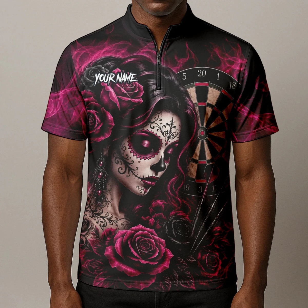 Personalisiertes Schwarz-pink Sugar-Skull-Rosen-Dartshirt für Herren Z109 - Outfitsuche