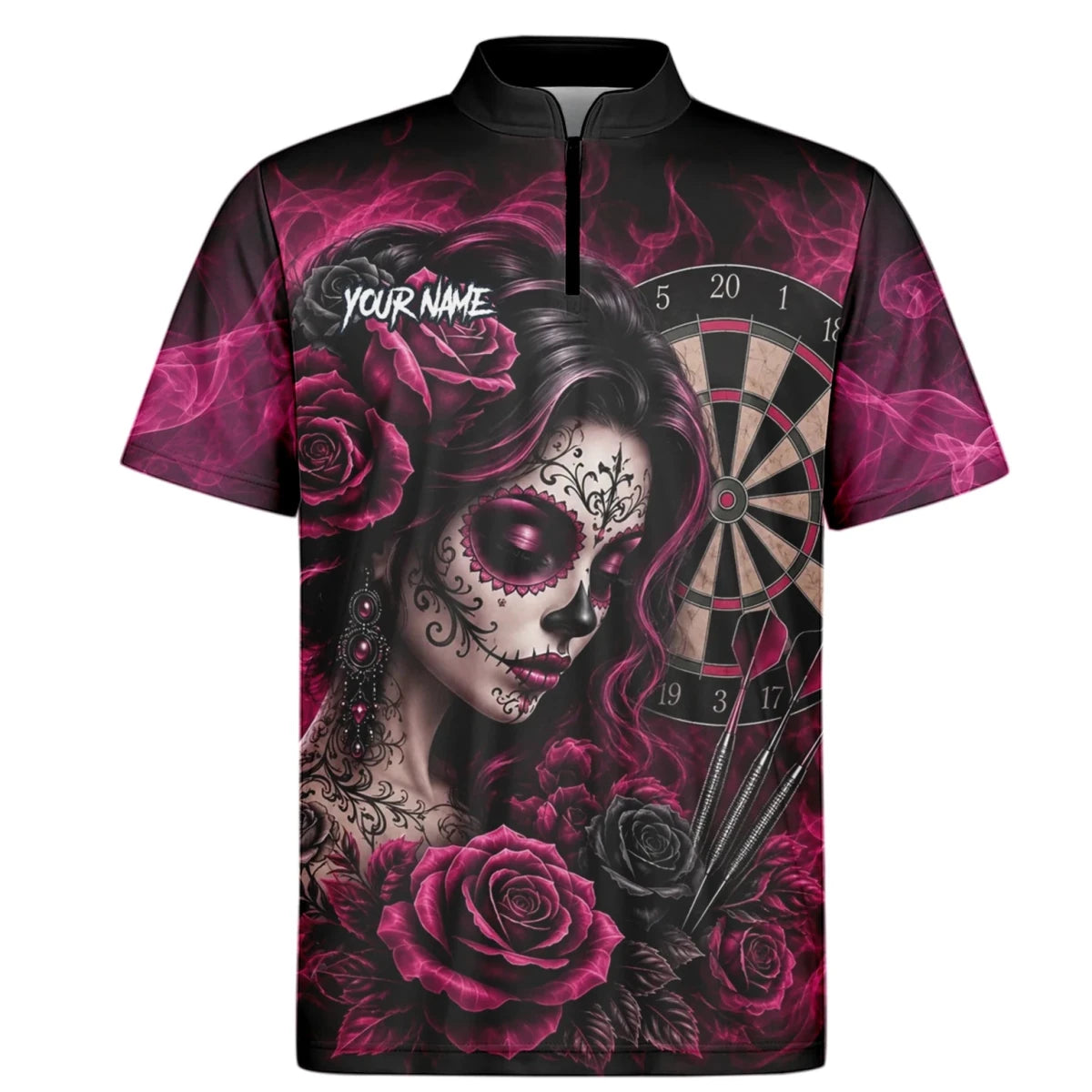 Personalisiertes Schwarz-pink Sugar-Skull-Rosen-Dartshirt für Herren Z109 - Outfitsuche