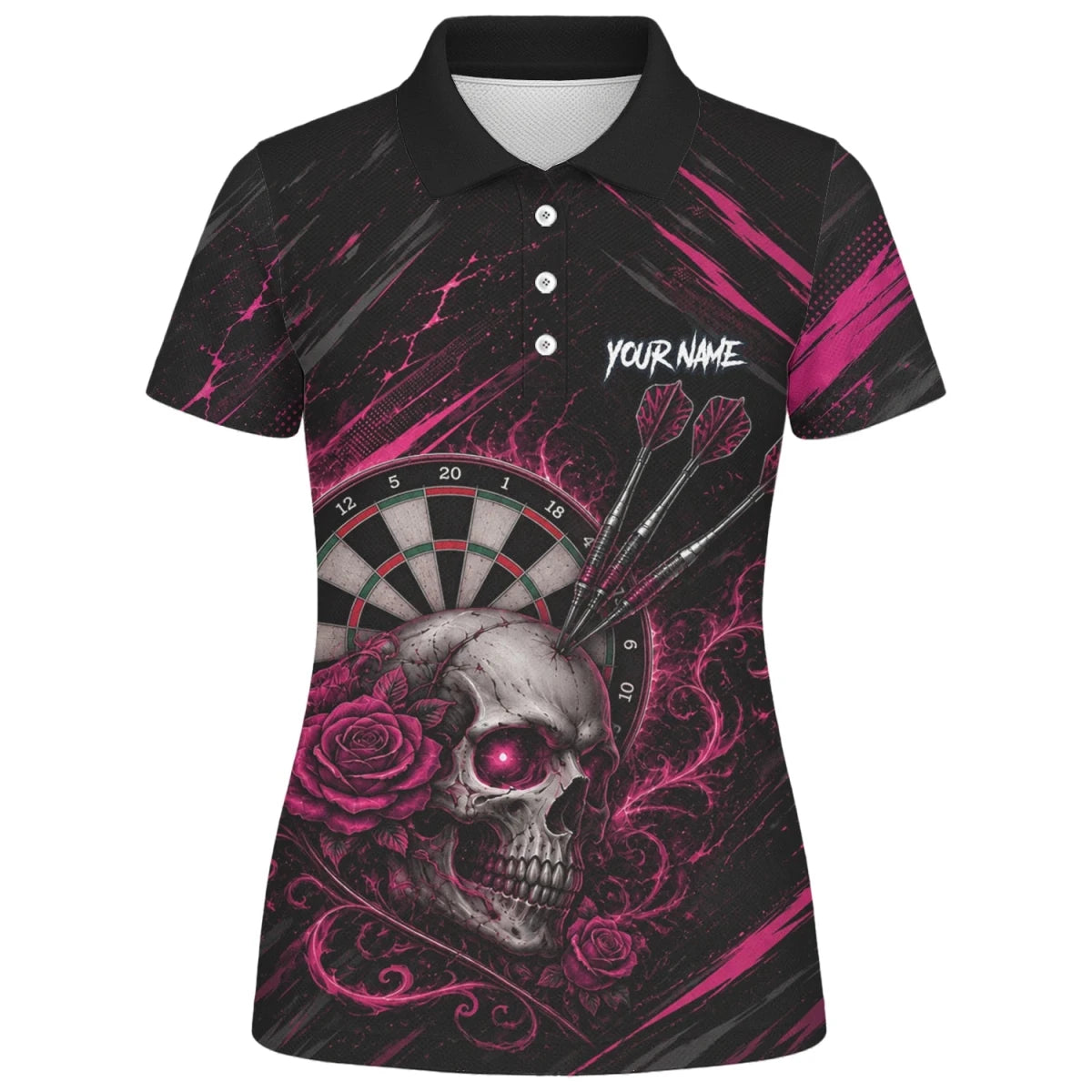 Personalisiertes Schwarz-pink Totenkopf-und-Rosen-Dartshirt für Damen V308 - Outfitsuche