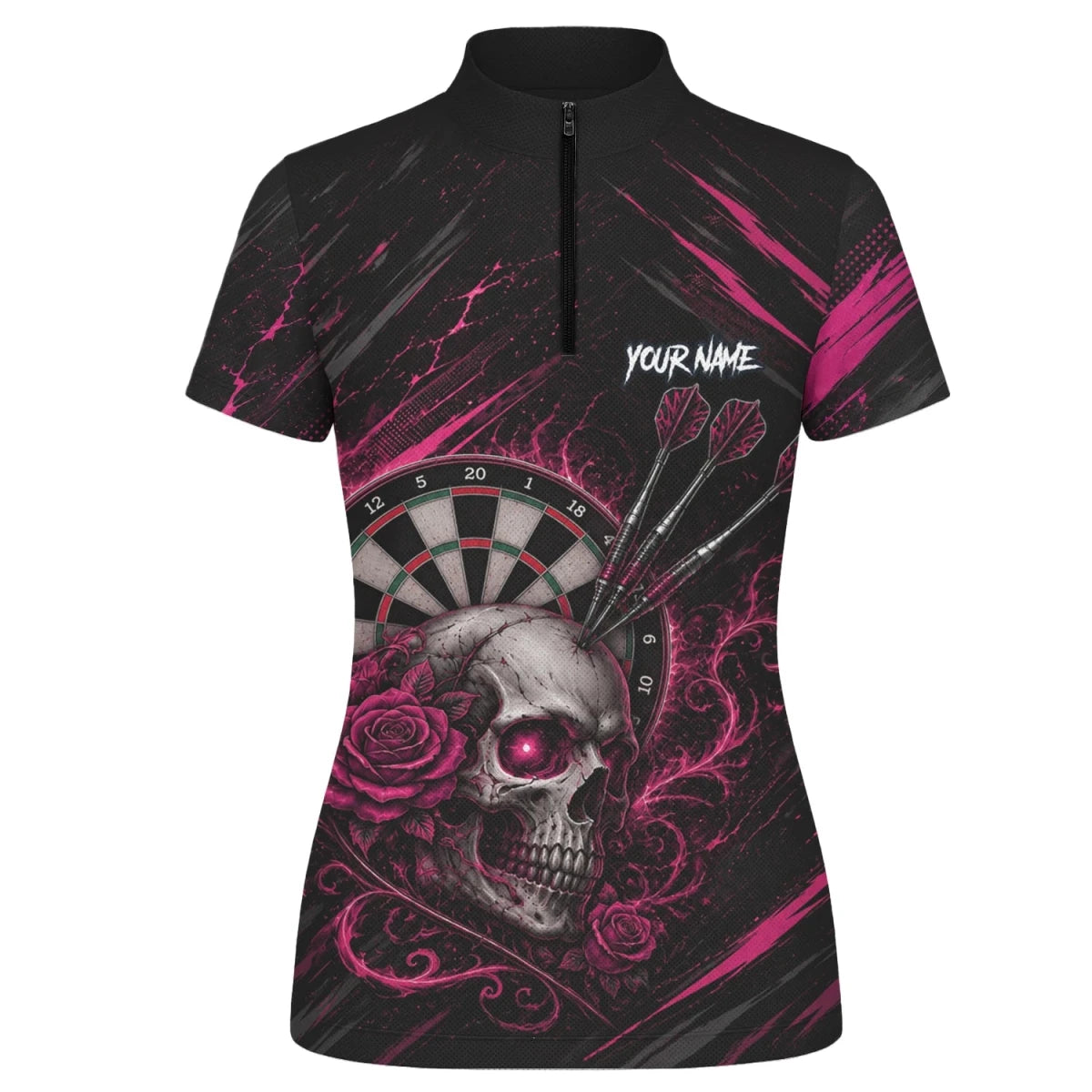 Personalisiertes Schwarz-pink Totenkopf-und-Rosen-Dartshirt für Damen V308 - Outfitsuche