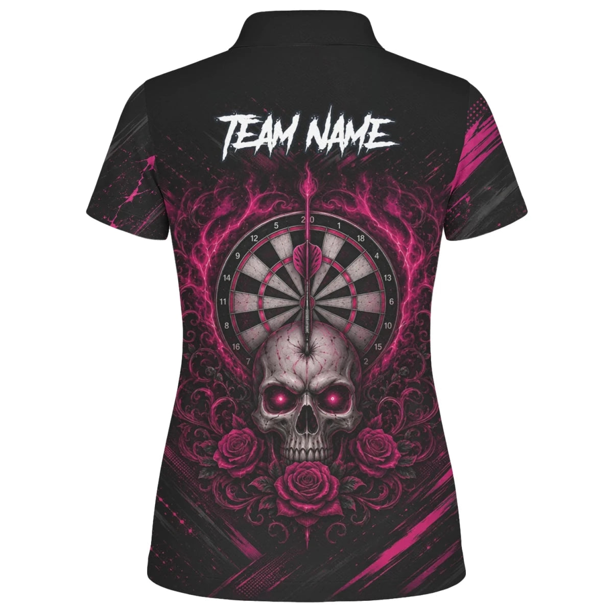 Personalisiertes Schwarz-pink Totenkopf-und-Rosen-Dartshirt für Damen V308 - Outfitsuche
