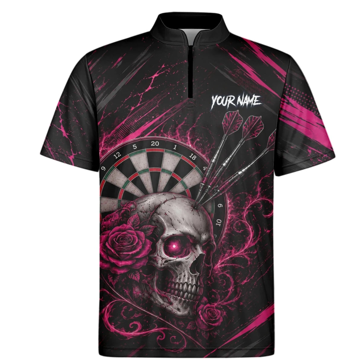 Personalisiertes Schwarz-pink Totenkopf-und-Rosen-Dartshirt für Herren V308 - Outfitsuche