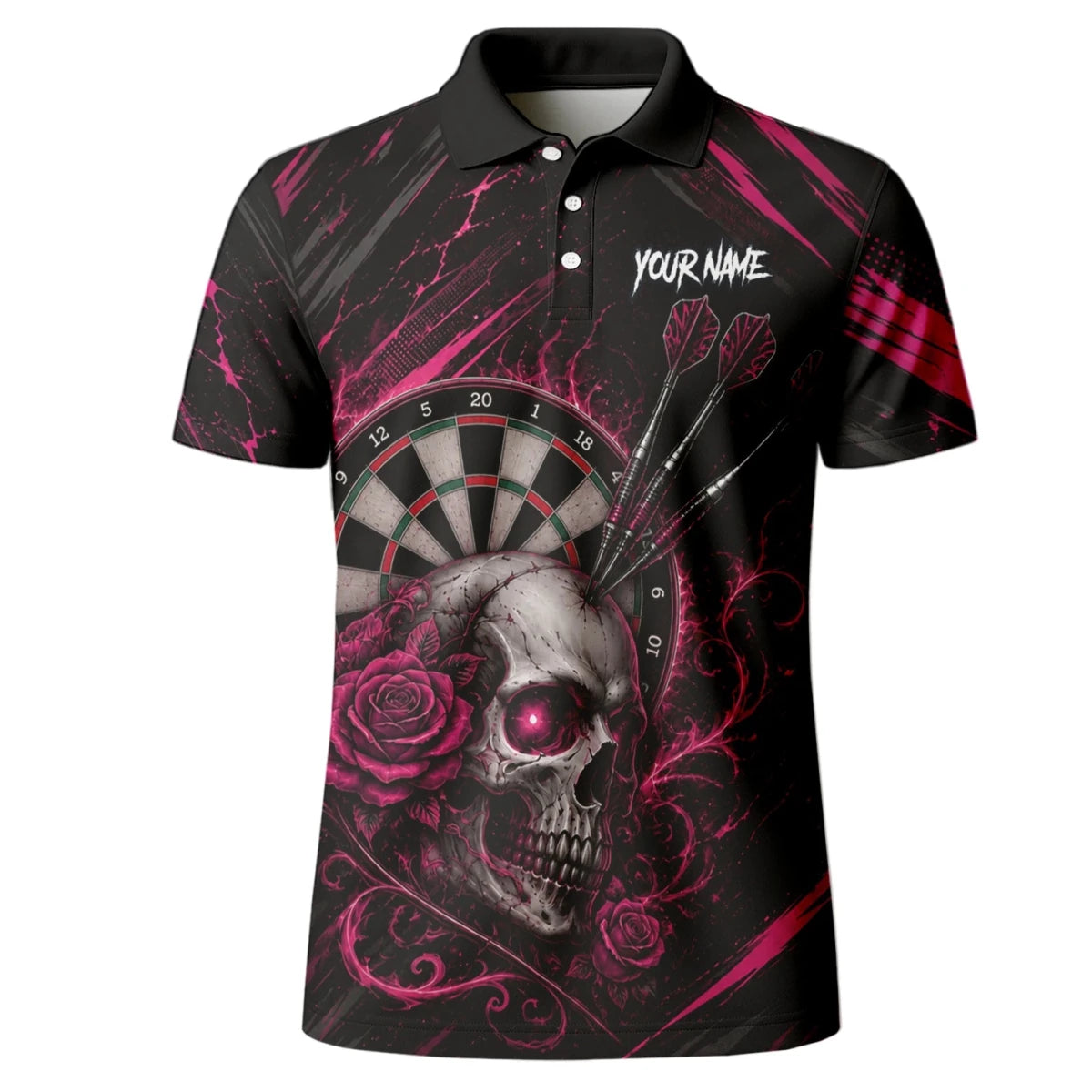 Personalisiertes Schwarz-pink Totenkopf-und-Rosen-Dartshirt für Herren V308 - Outfitsuche