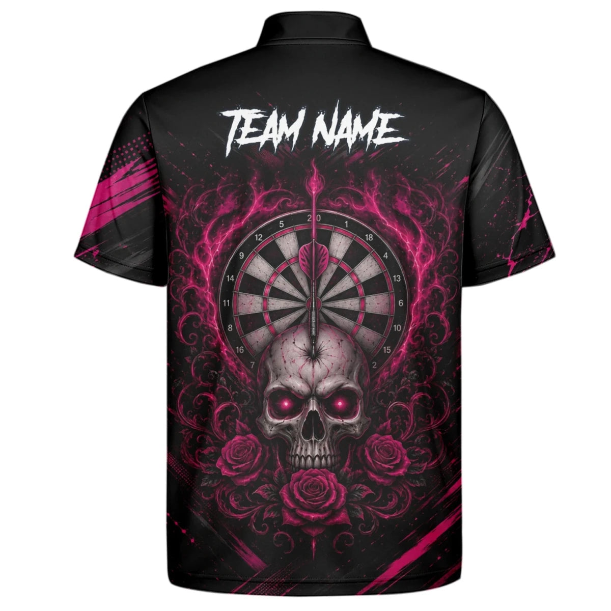 Personalisiertes Schwarz-pink Totenkopf-und-Rosen-Dartshirt für Herren V308 - Outfitsuche
