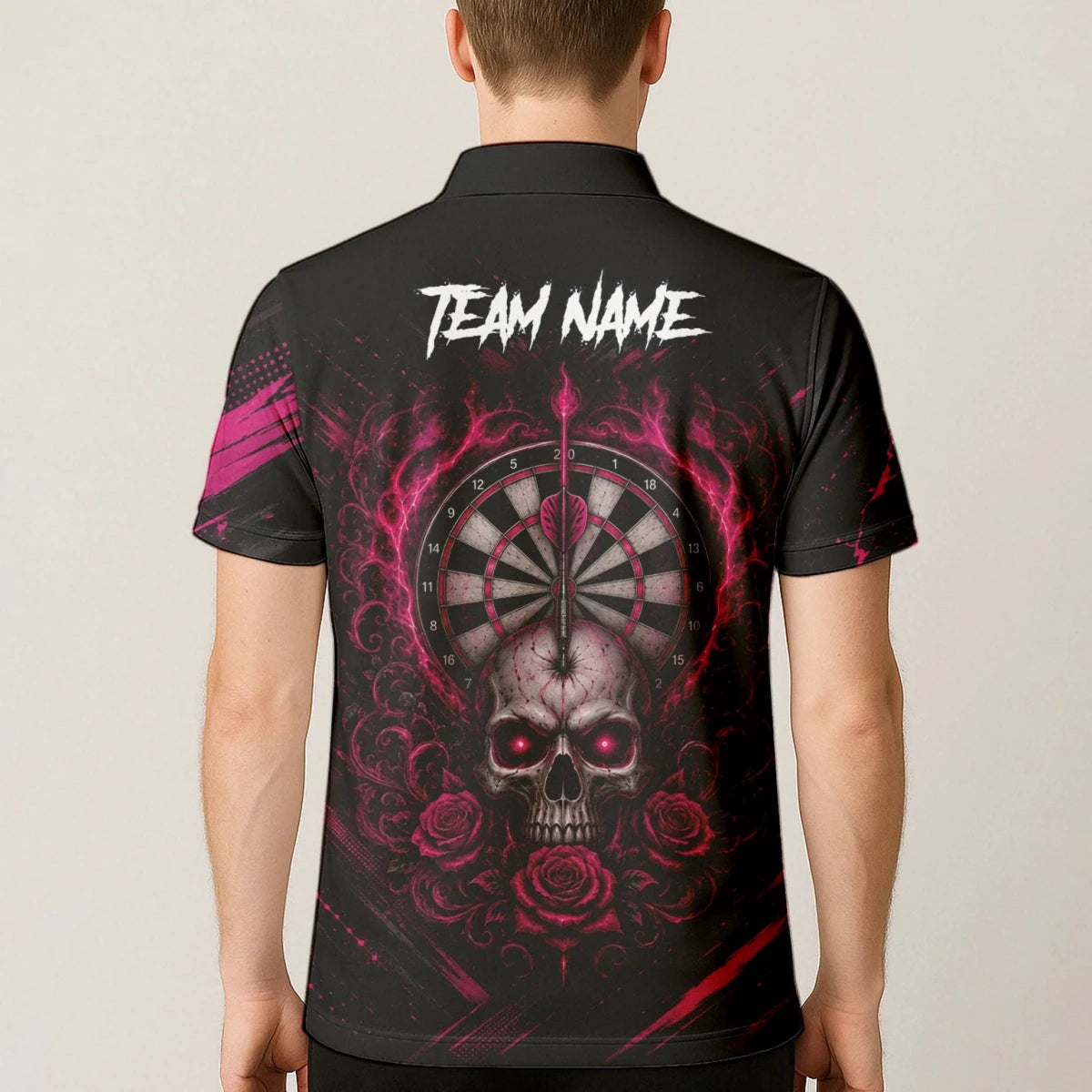 Personalisiertes Schwarz-pink Totenkopf-und-Rosen-Dartshirt für Herren V308 - Outfitsuche
