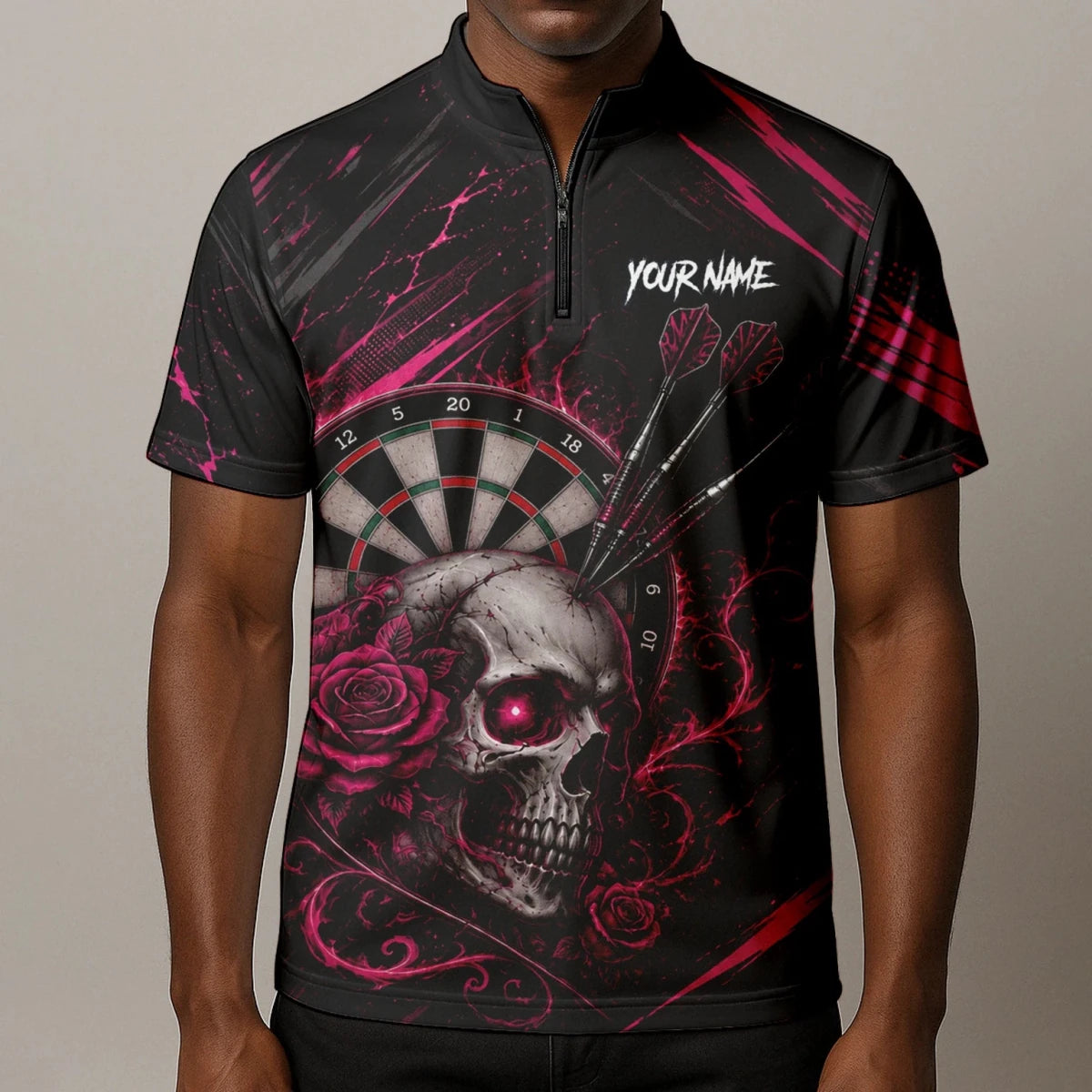 Personalisiertes Schwarz-pink Totenkopf-und-Rosen-Dartshirt für Herren V308 - Outfitsuche