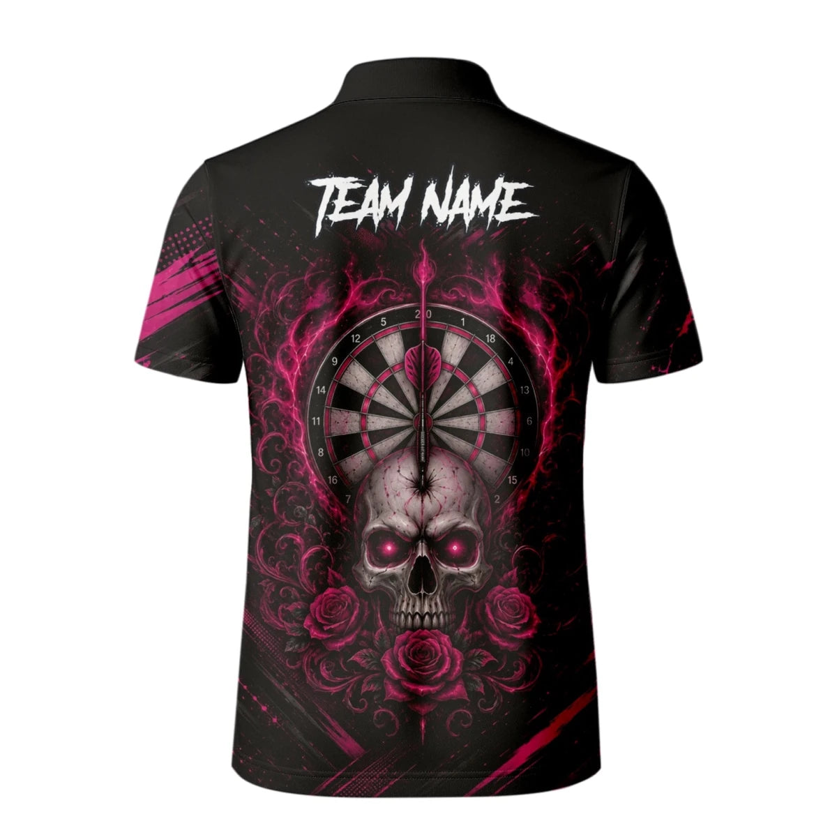 Personalisiertes Schwarz-pink Totenkopf-und-Rosen-Dartshirt für Herren V308 - Outfitsuche