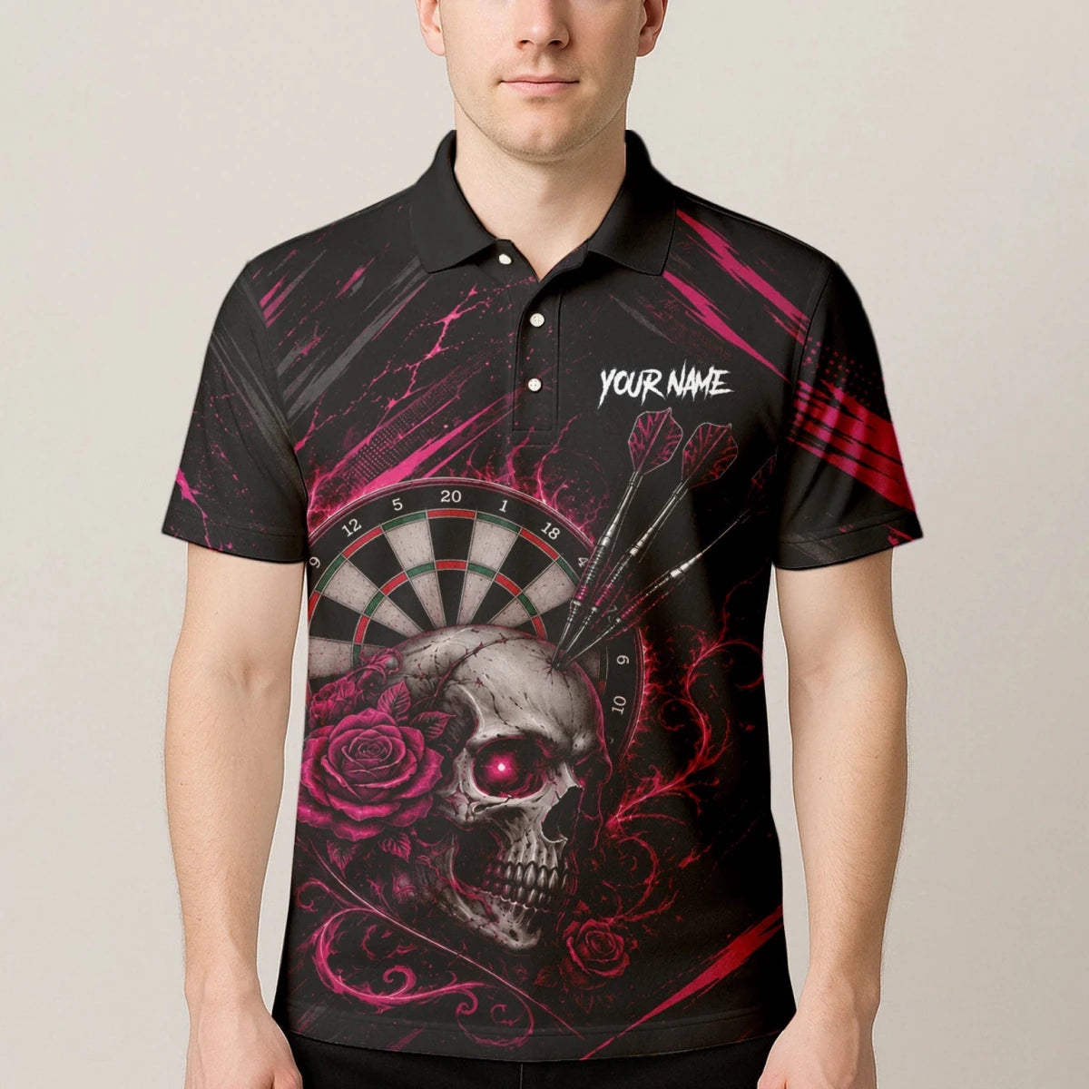 Personalisiertes Schwarz-pink Totenkopf-und-Rosen-Dartshirt für Herren V308 - Outfitsuche