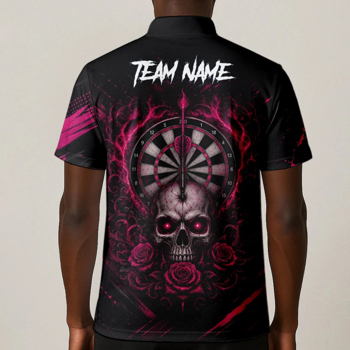 Personalisiertes Schwarz-pink Totenkopf-und-Rosen-Dartshirt für Herren V308 - Outfitsuche