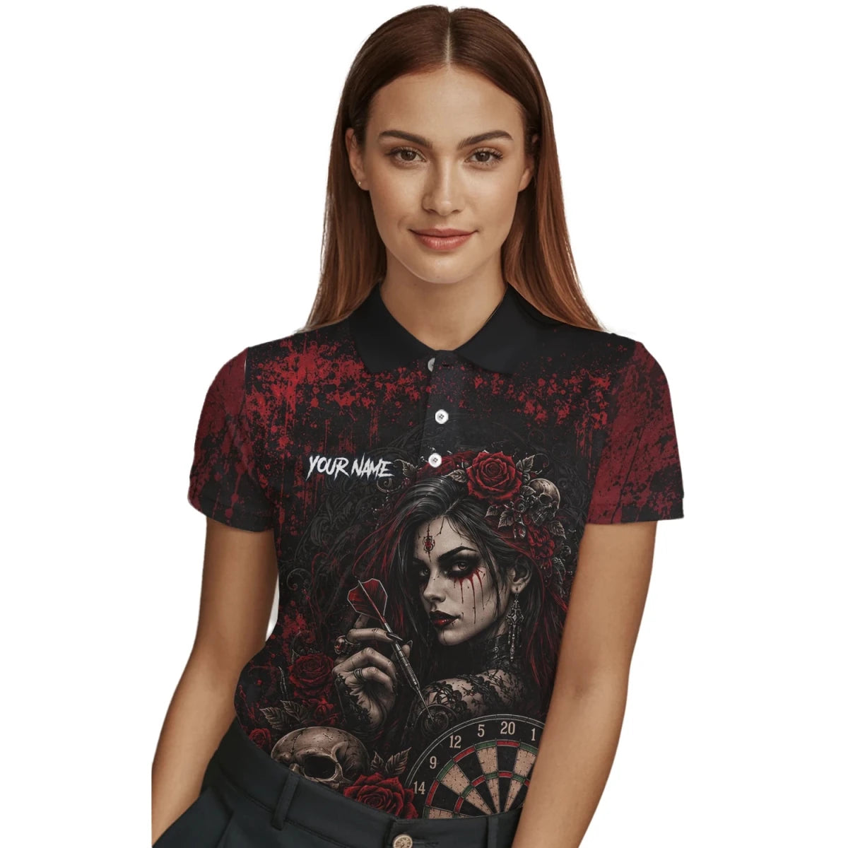 Personalisiertes Schwarz-rotes Gothic-Frauen-Totenkopf-Dartshirt für Damen W035 - Outfitsuche