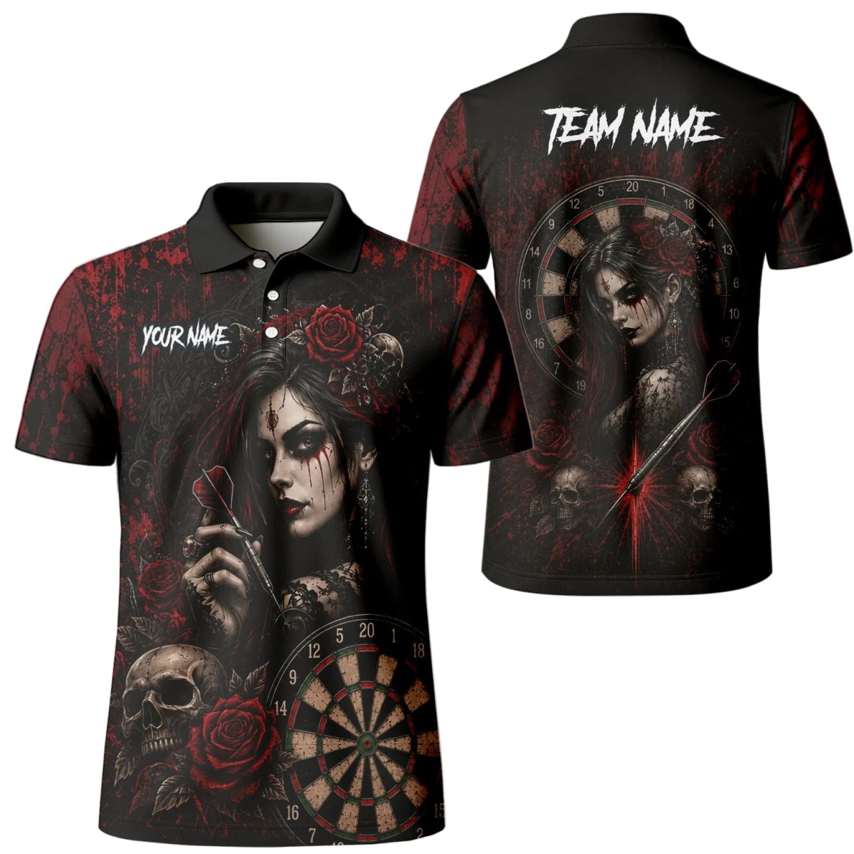 Personalisiertes Schwarz-rotes Gothic-Frauen-Totenkopf-Dartshirt für Herren W035 - Outfitsuche