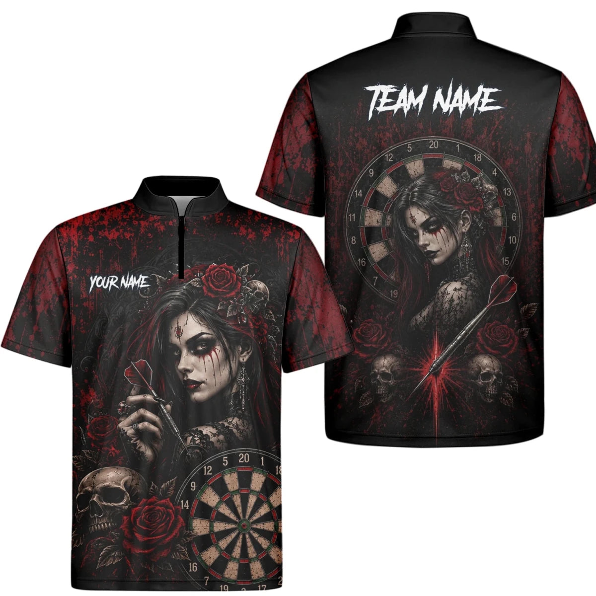 Personalisiertes Schwarz-rotes Gothic-Frauen-Totenkopf-Dartshirt für Herren W035 - Outfitsuche