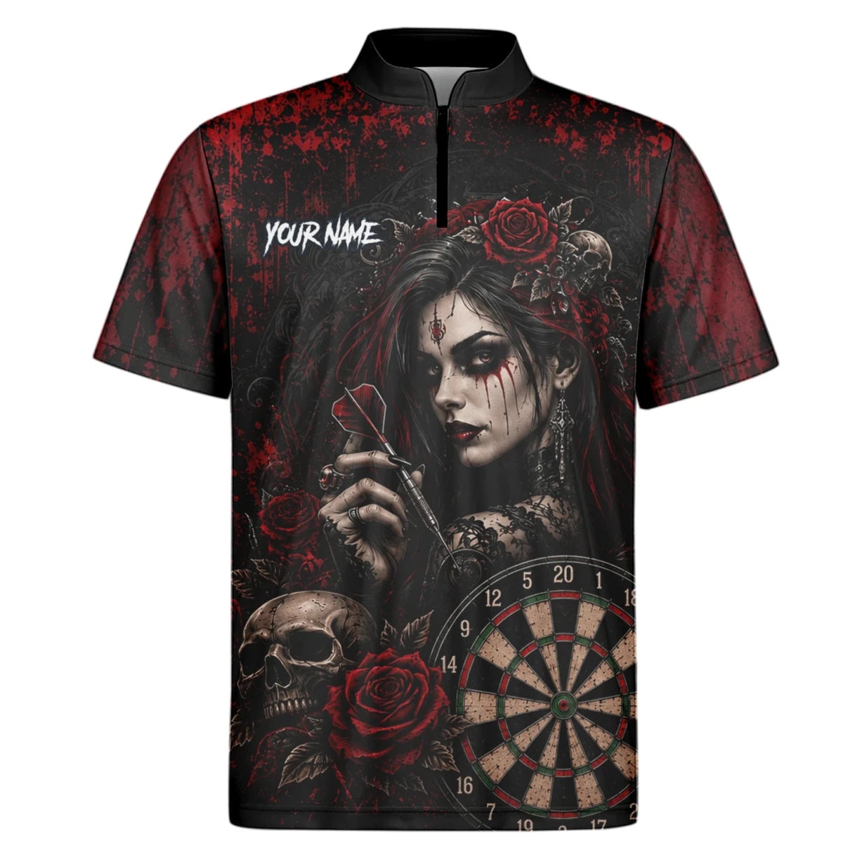 Personalisiertes Schwarz-rotes Gothic-Frauen-Totenkopf-Dartshirt für Herren W035 - Outfitsuche