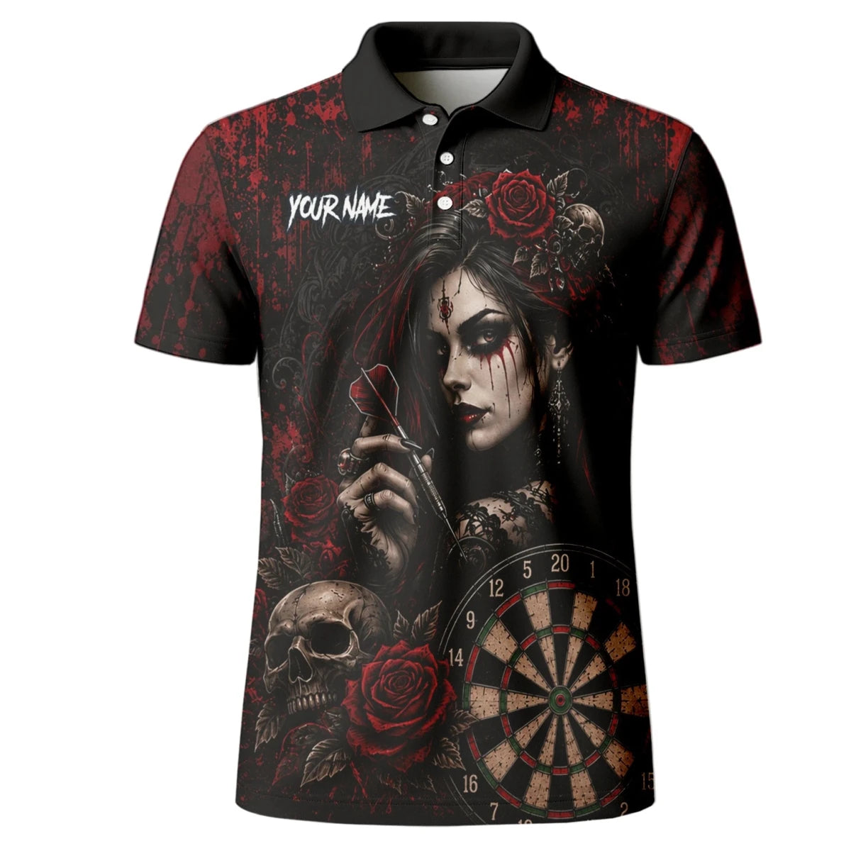 Personalisiertes Schwarz-rotes Gothic-Frauen-Totenkopf-Dartshirt für Herren W035 - Outfitsuche
