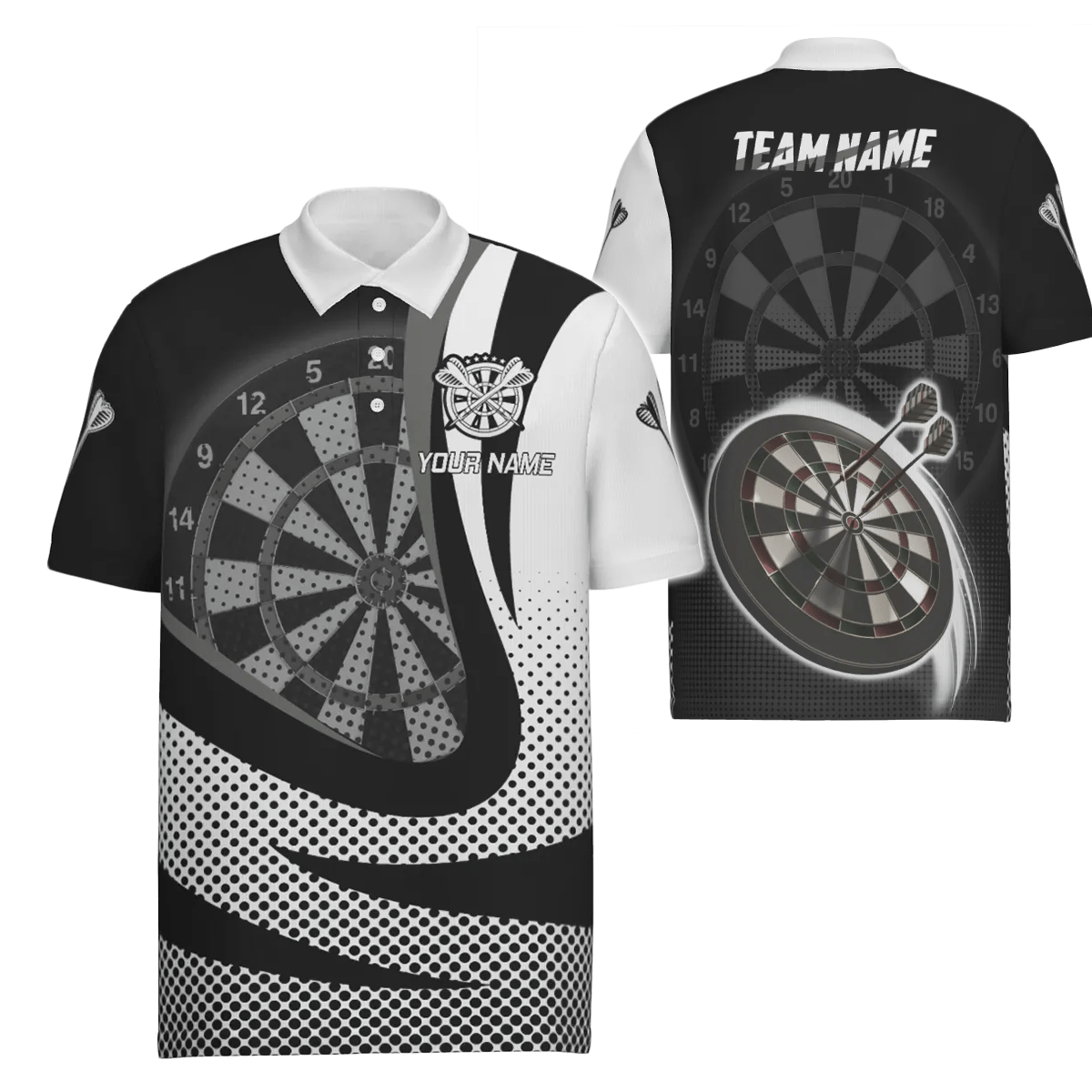 Personalisiertes Schwarz-Weißes 3D Herren Darts Polo Shirt, individuell anpassbares cooles Darts Team Trikot für Männer x189 grey - Outfitsuche