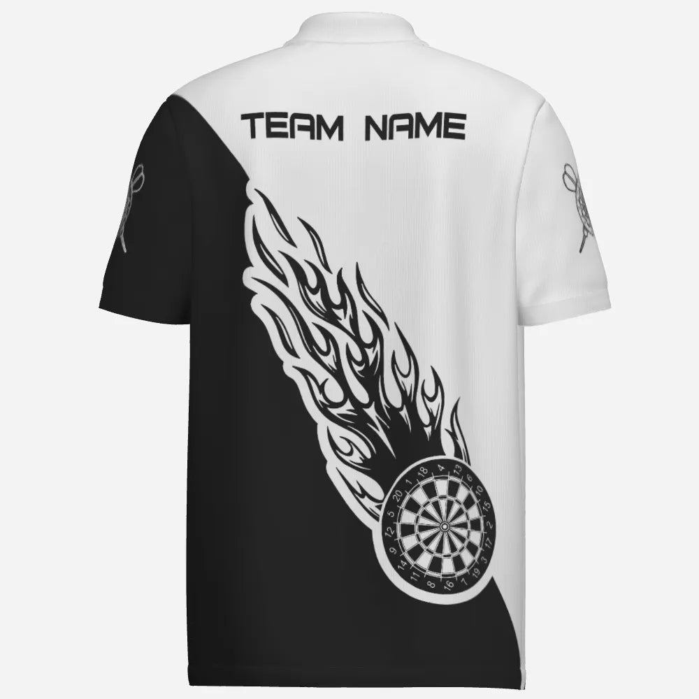 Personalisiertes Schwarz-Weißes Flammen-Darts Herren Polo Shirt, individuell anpassbares Dart-Shirt für Männer, Dart Trikot Y690 - Outfitsuche