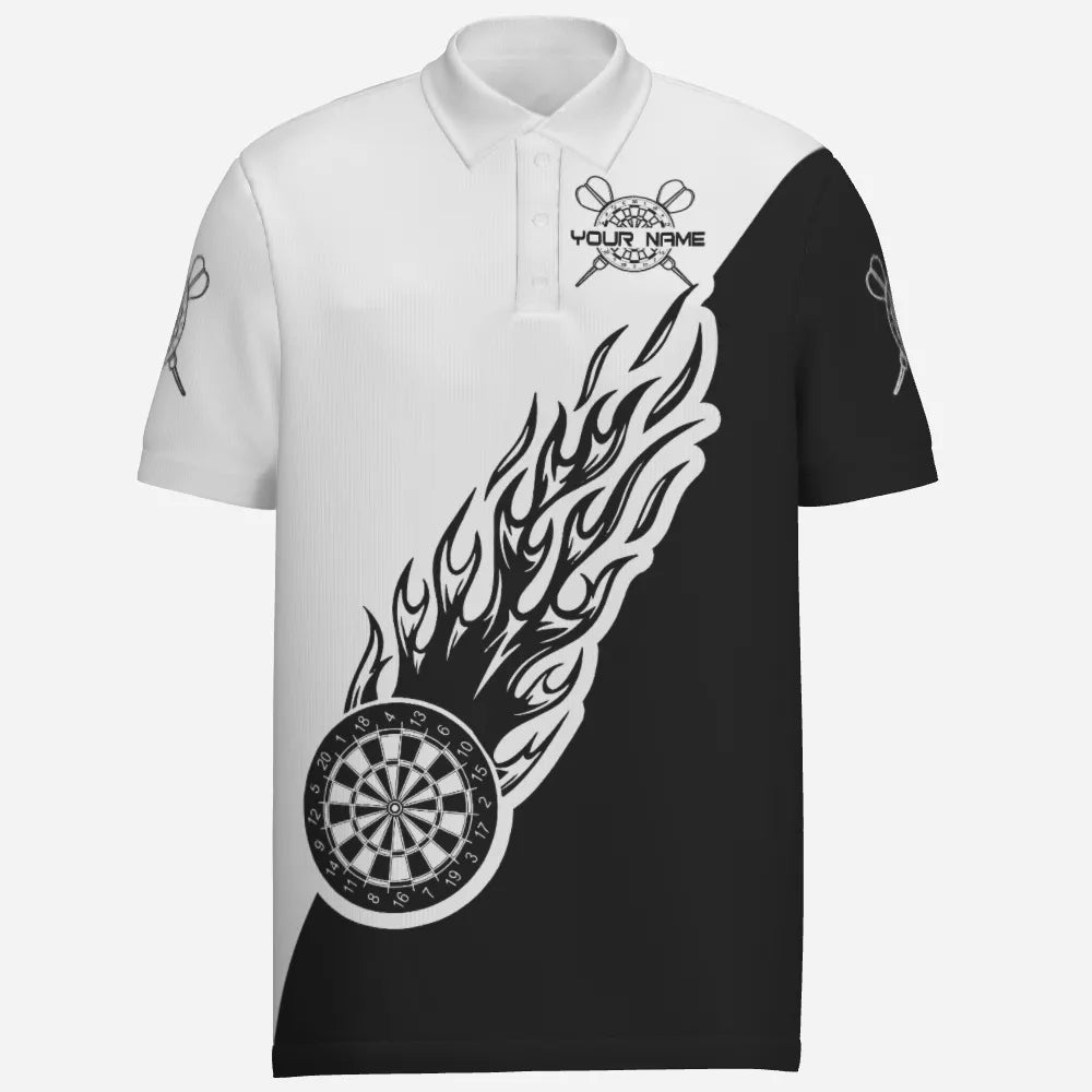 Personalisiertes Schwarz-Weißes Flammen-Darts Herren Polo Shirt, individuell anpassbares Dart-Shirt für Männer, Dart Trikot Y690 - Outfitsuche