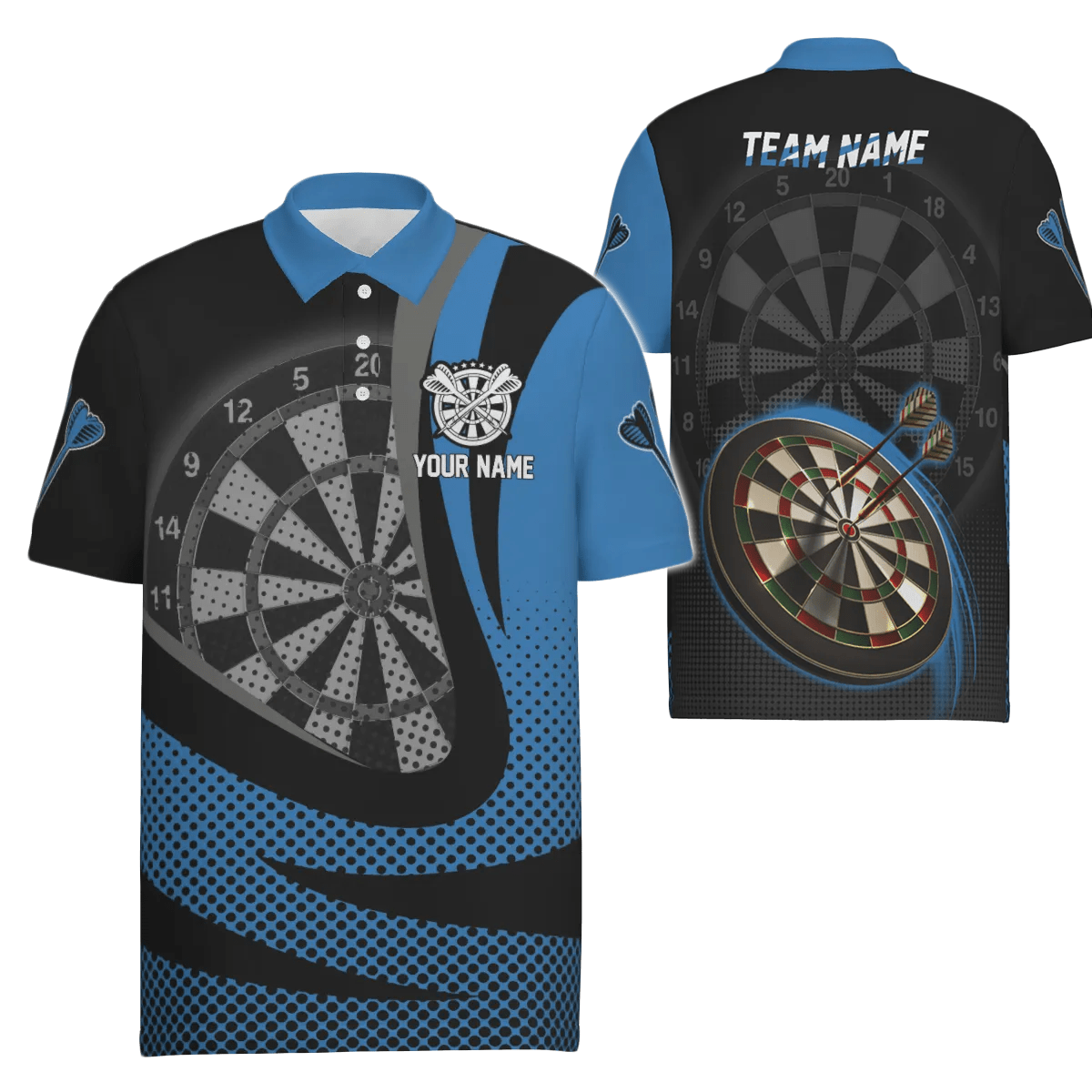 Personalisiertes schwarzes blaues 3D Herren Darts Polo Shirt, individuell anpassbares cooles Darts Team Trikot für Männer X189 Blue - Outfitsuche