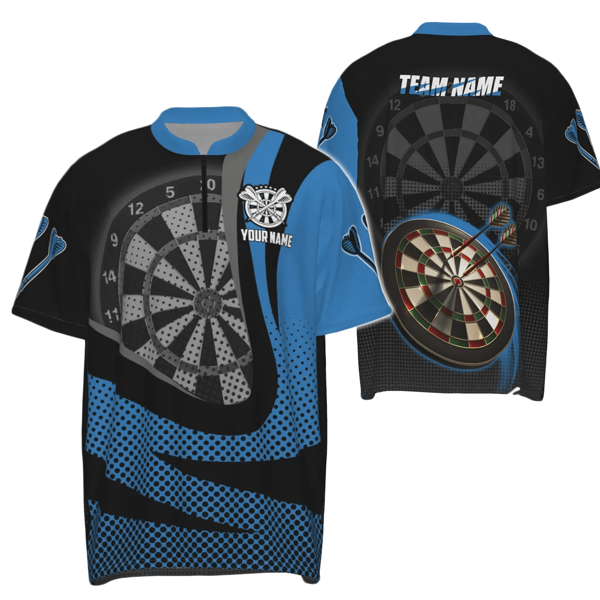 Personalisiertes schwarzes blaues 3D Herren Darts Polo Shirt, individuell anpassbares cooles Darts Team Trikot für Männer X189 Blue - Outfitsuche