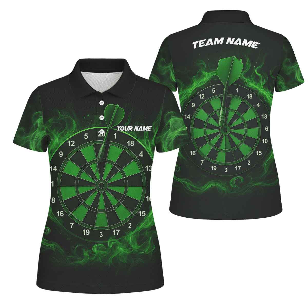 Personalisiertes Schwarzes Damen Dart - Shirt mit blauem Drachenflammen - Motiv U7656 - Outfitsuche