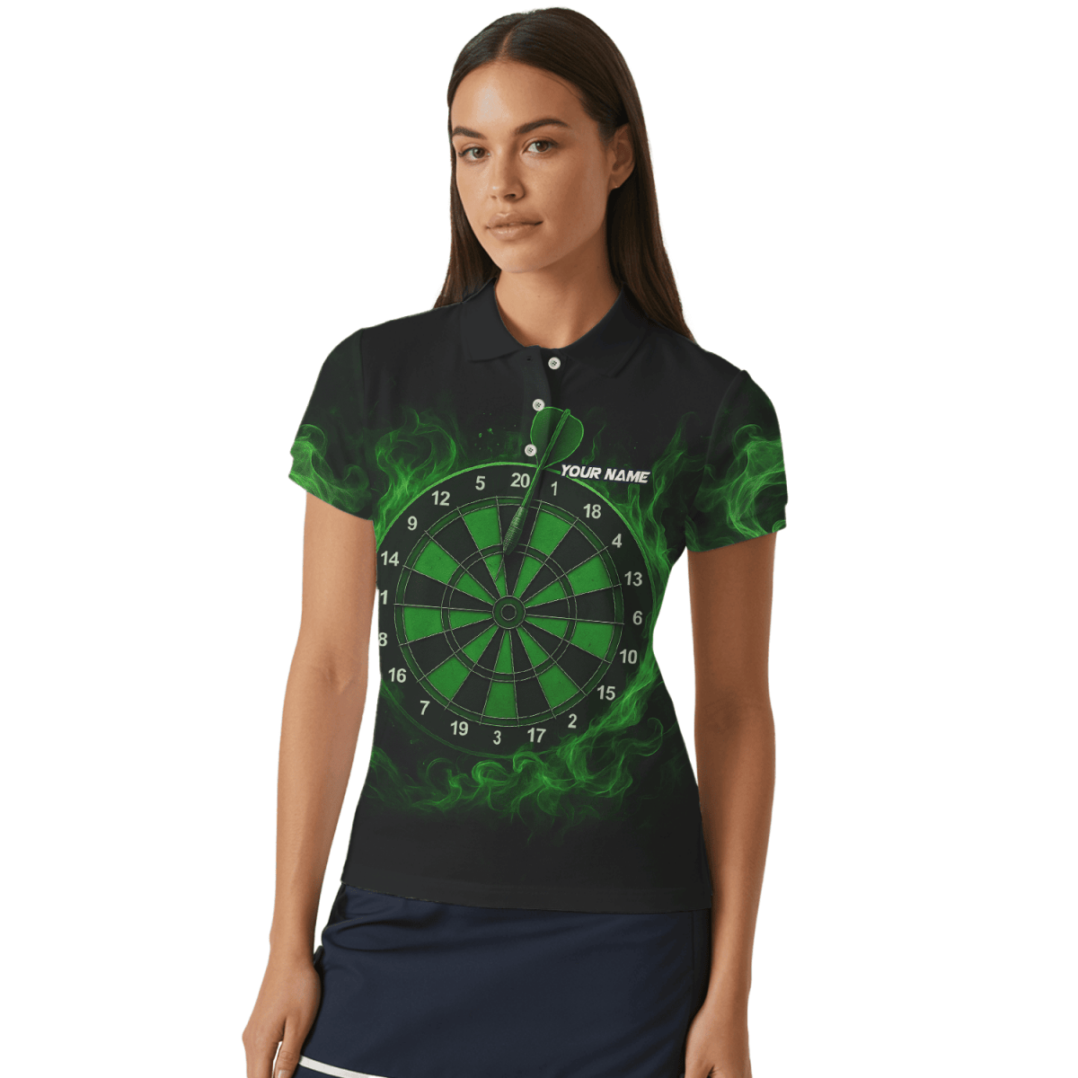 Personalisiertes Schwarzes Damen Dart - Shirt mit blauem Drachenflammen - Motiv U7656 - Outfitsuche