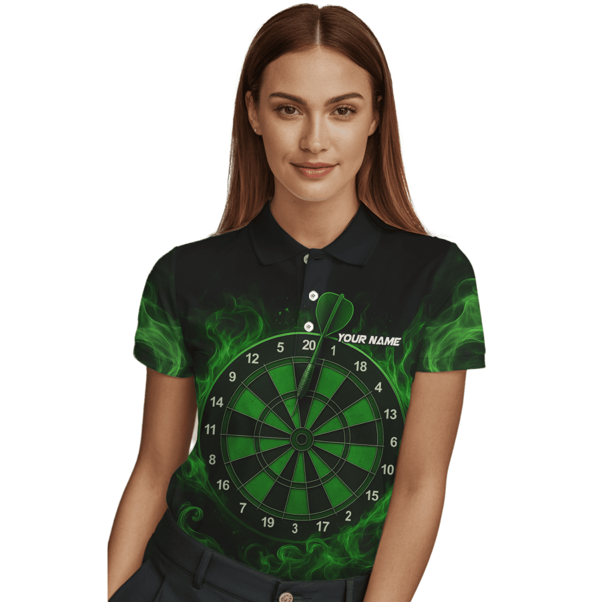 Personalisiertes Schwarzes Damen Dart - Shirt mit blauem Drachenflammen - Motiv U7656 - Outfitsuche