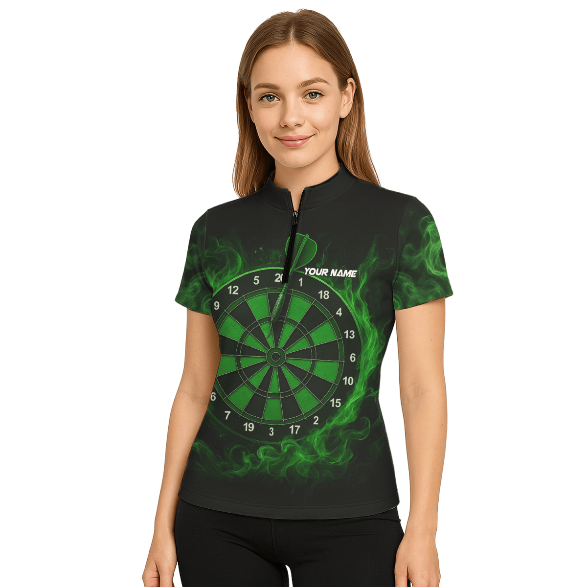 Personalisiertes Schwarzes Damen Dart - Shirt mit blauem Drachenflammen - Motiv U7656 - Outfitsuche