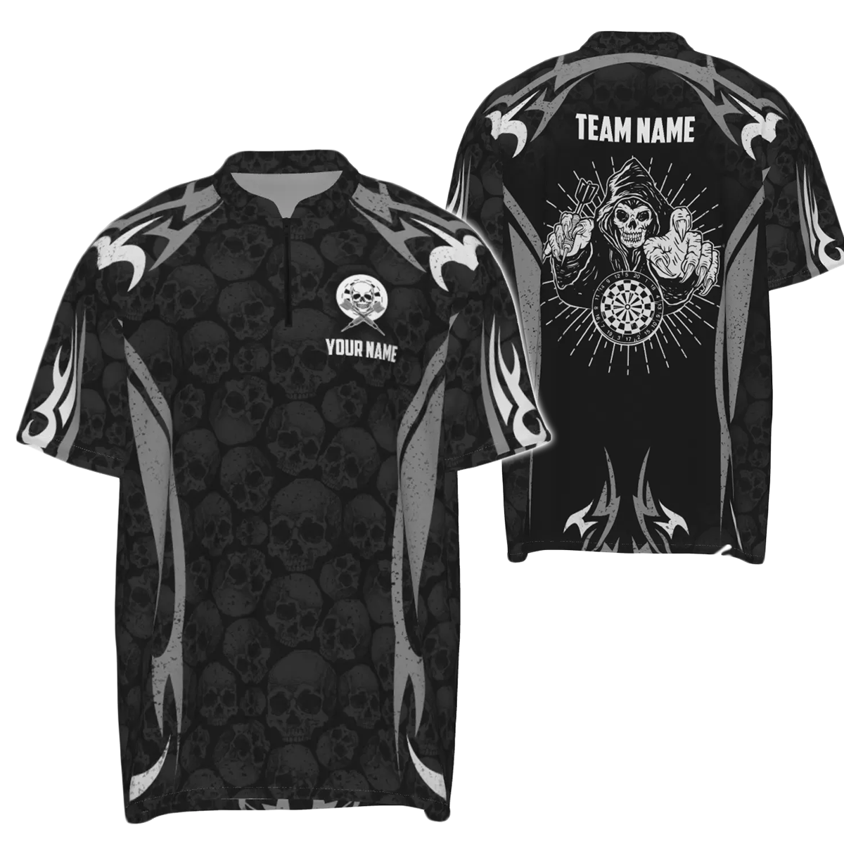 Personalisiertes schwarzes graues Darts Totenkopf Reaper 1/4 Zip Shirt, individuell anpassbares Herren Darts Trikot T6890 - Outfitsuche