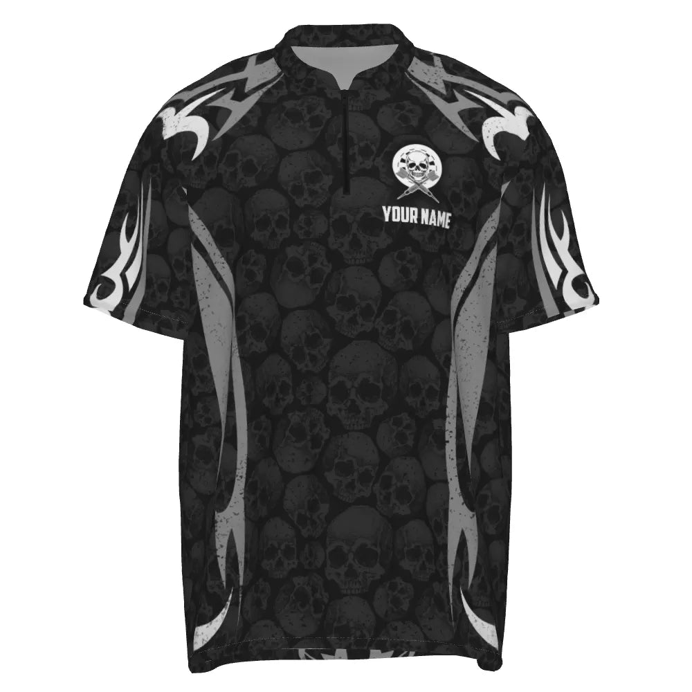 Personalisiertes schwarzes graues Darts Totenkopf Reaper 1/4 Zip Shirt, individuell anpassbares Herren Darts Trikot T6890 - Outfitsuche