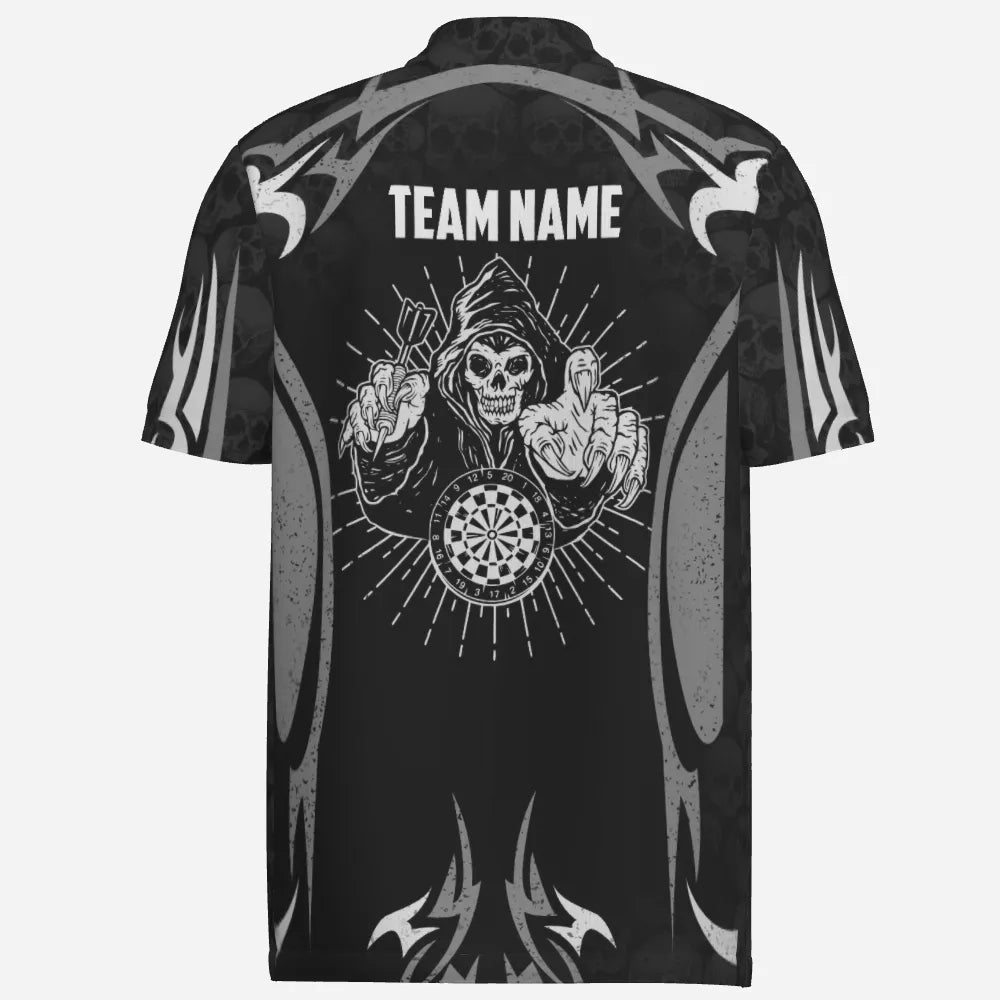 Personalisiertes schwarzes graues Totenkopf-Reaper-Darts-Polo-Shirt, individuell anpassbares gruseliges Darts-Trikot für Herren T6890 - Outfitsuche