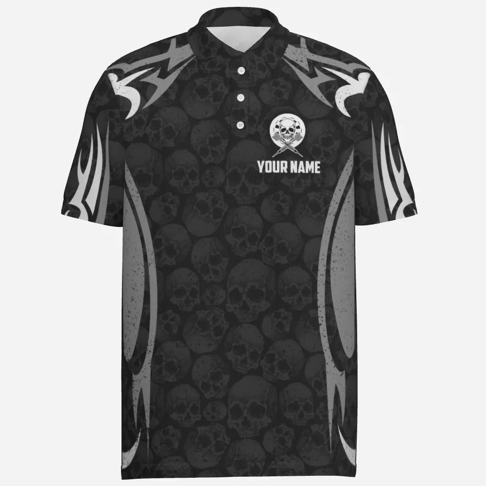 Personalisiertes schwarzes graues Totenkopf-Reaper-Darts-Polo-Shirt, individuell anpassbares gruseliges Darts-Trikot für Herren T6890 - Outfitsuche