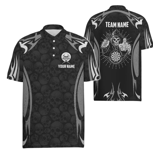 Personalisiertes schwarzes graues Totenkopf-Reaper-Darts-Polo-Shirt, individuell anpassbares gruseliges Darts-Trikot für Herren T6890 - Outfitsuche