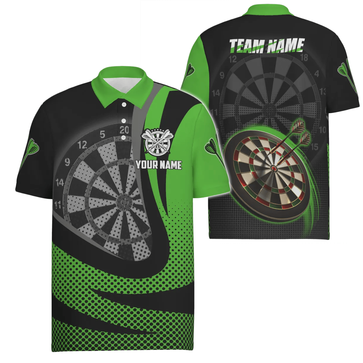 Personalisiertes schwarzes grünes 3D Herren Darts Polo Shirt, individuell anpassbares cooles Darts Team Trikot für Männer X189 Green - Outfitsuche