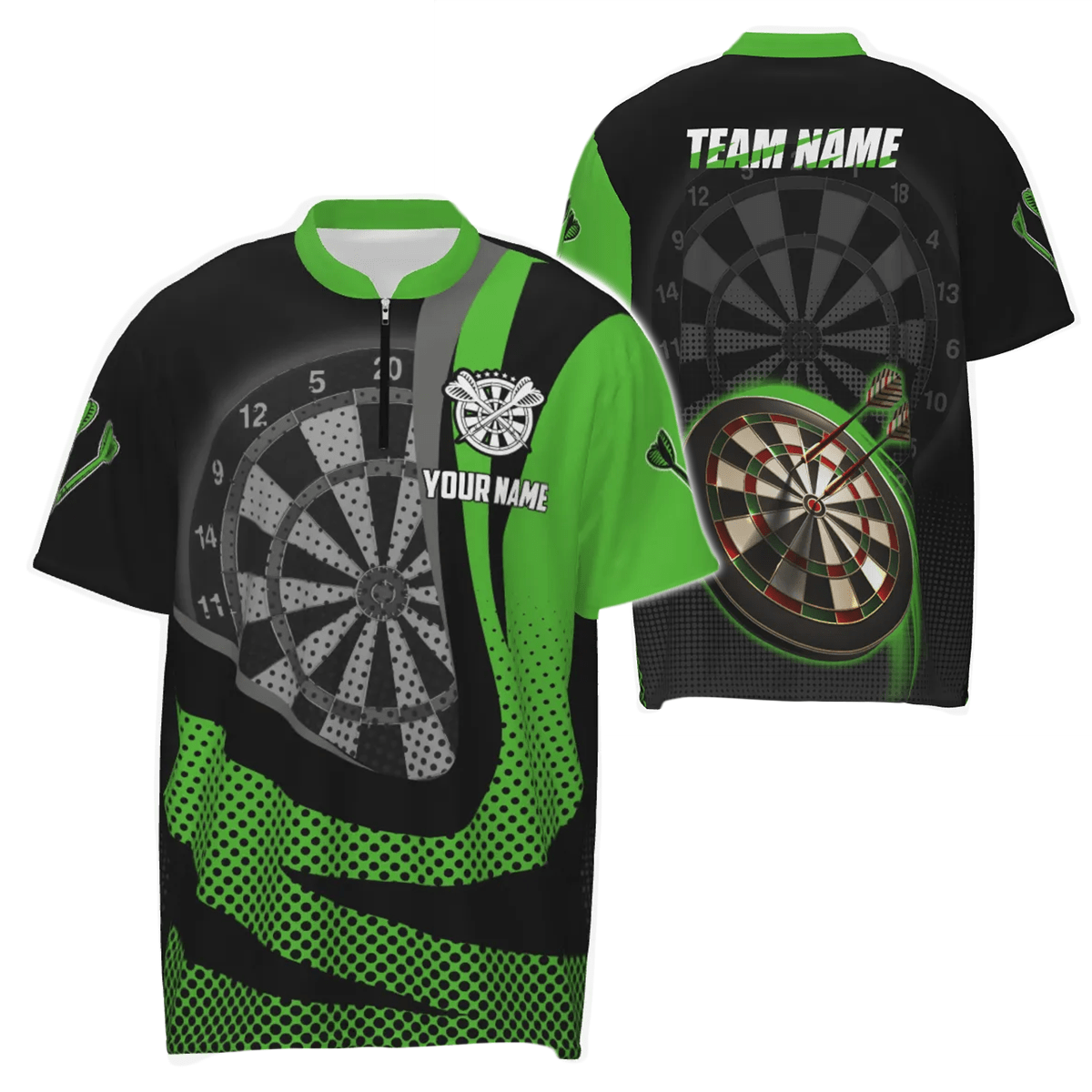 Personalisiertes schwarzes grünes 3D Herren Darts Polo Shirt, individuell anpassbares cooles Darts Team Trikot für Männer X189 Green - Outfitsuche