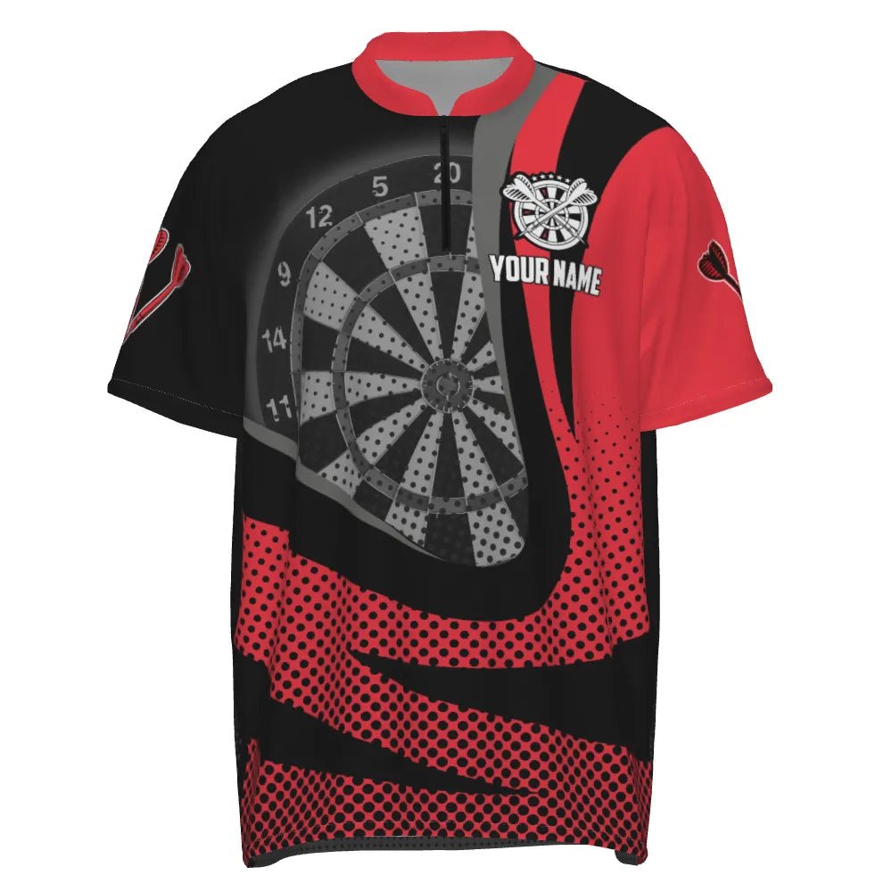 Personalisiertes schwarzes rotes 3D-Darts-Quarter-Zip-Shirt, individuell anpassbares cooles Darts-Team-Trikot für Herren M297 - Outfitsuche