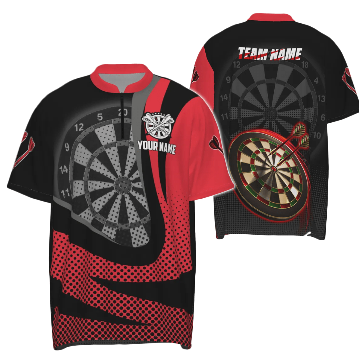 Personalisiertes schwarzes rotes 3D-Darts-Quarter-Zip-Shirt, individuell anpassbares cooles Darts-Team-Trikot für Herren M297 - Outfitsuche