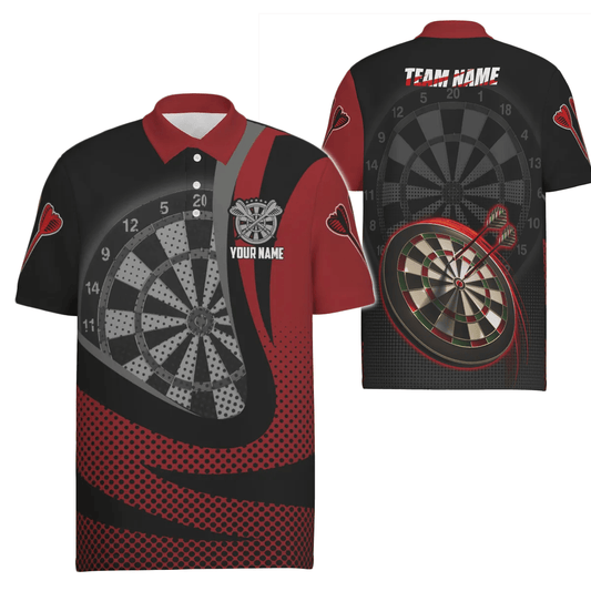 Personalisiertes schwarzes rotes 3D Herren Darts Polo Shirt, individuell anpassbares cooles Darts Team Trikot für Männer M297 - Outfitsuche