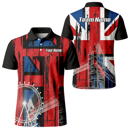 Personalisiertes Union Jack London Sehenswürdigkeiten Dart - Trikot Polo mit Reißverschluss für Herren Rot Blau Schwarz Shirt mit Wunschname X7232 - Outfitsuche
