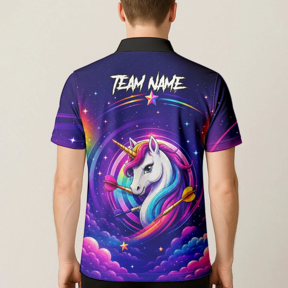 Personalisiertes Violettes Regenbogen-Einhorn-Dartshirt für Herren P431 - Outfitsuche
