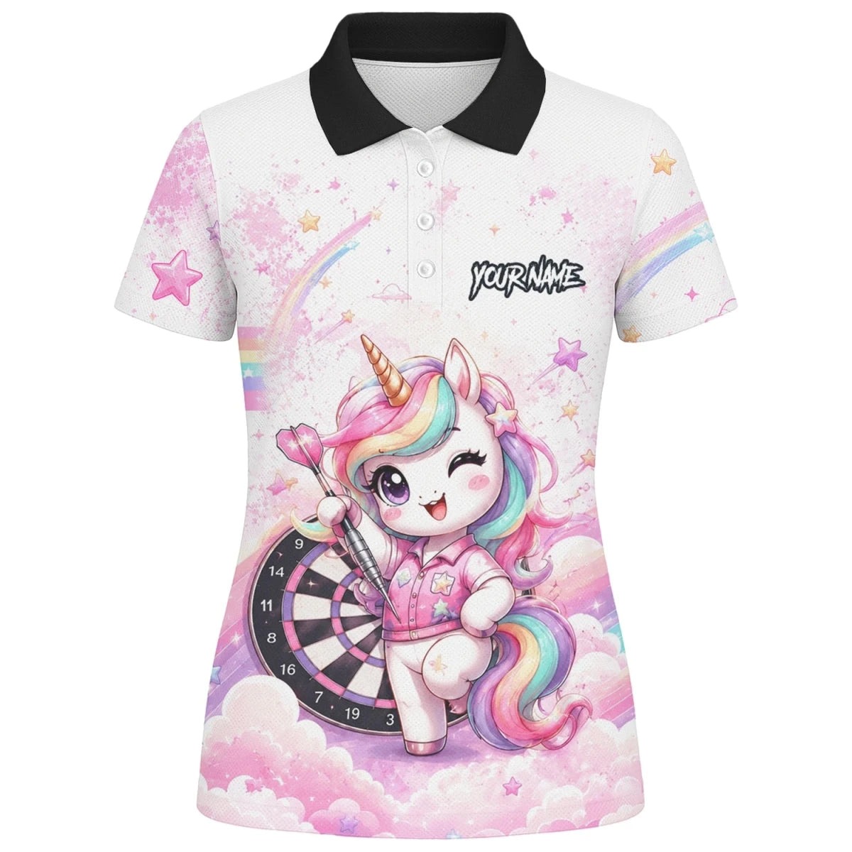 Personalisiertes Weiß-rosa Regenbogen-Einhorn-Dartshirt für Damen F188 - Outfitsuche