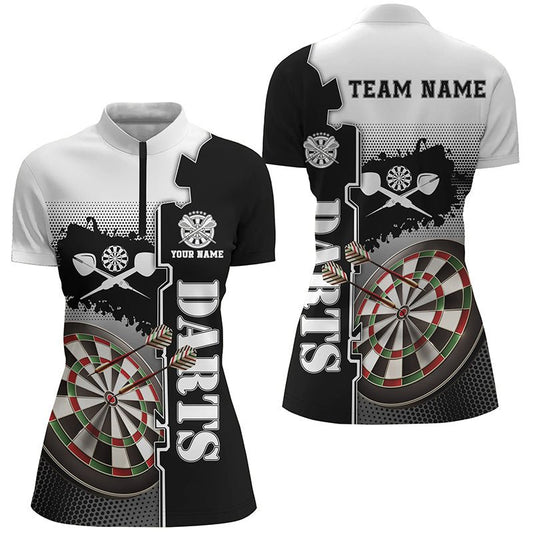 Personalisiertes Weiß Schwarz Darts Viertelreißverschluss-Shirt | Damen Darts Trikot | Individuell gestaltetes Darts Shirt | L1295 - Outfitsuche