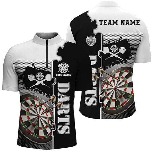 Personalisiertes Weiß Schwarz Darts Viertelreißverschluss-Shirt | Individuelles Darts-Shirt für Herren | Darts Trikot L1295 - Outfitsuche